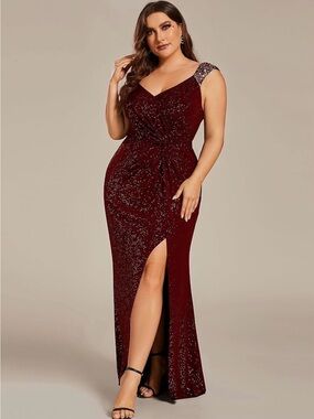 Ever Pretty Burgundy Sequin Maxi Dress with Side Slit